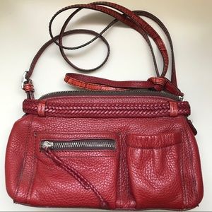 red long strap leather purse